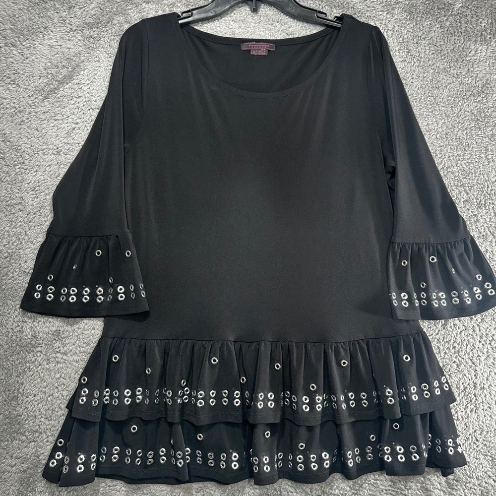 Fontana Tunic Top Womens Medium Black Grommet‎ Eyelet Tiered Ruffle Bell Sleeve